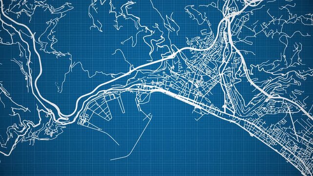 Ink reveal animation of Salerno city, Campania, Italy, grid map. Aerial top view. Blueprint style. White lines with blue background. 4K Seamless loop.