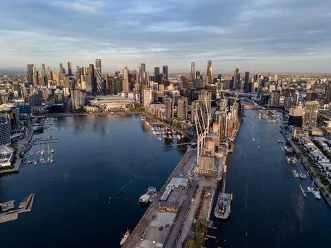 Aerial view of the Melbourne skyline and harbor in Docklands, Victoria, Australia.