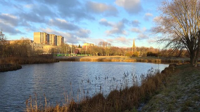 Trees grow on the snow-covered grassy banks of the river, and reeds in the water. There is a walking path nearby. On a winter morning, the rays of the sun breaking through the clouds in the blue sky
