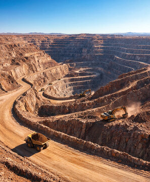 Aerial wide view of deep open pit copper mine terraced pit with haul trucks operating
