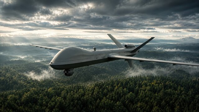 Military Reconnaissance Drone Flying Above Forest Landscape Under Dramatic Cloudy Sky