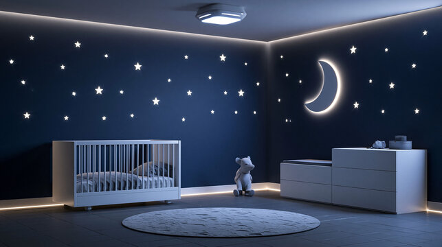 Modern Nursery Room with Glowing Moon and Stars Wall Decor