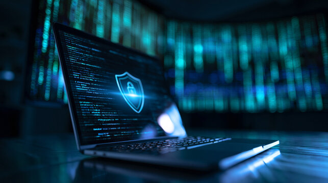 Cybersecurity Concept with Shield Icon on Laptop Screen