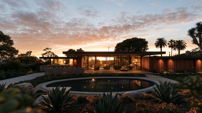 Modern Luxury House Exterior with Pool at Sunset