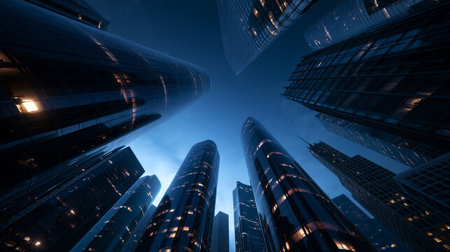 Low Angle View of Modern Corporate Skyscrapers at Night