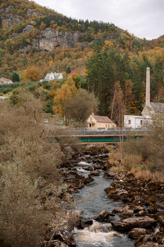 Norwegian village nestled in autumn forest with a river flowing through rocks