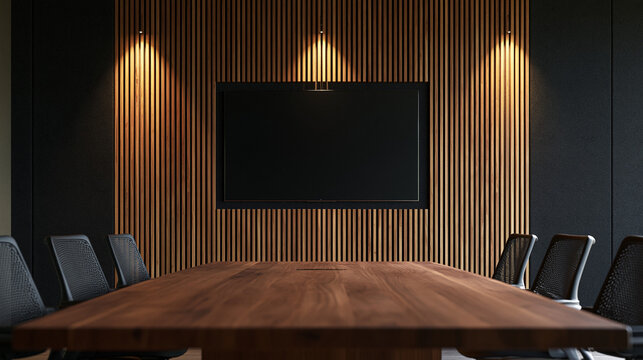 Modern Corporate Boardroom Interior with Wooden Table and Display
