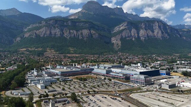 Crolles, France &ndash;  1 August 2026: Aerial panoramic view of the STMicroelectronics semiconductor manufacturing complex, a major European site for microchips, integrated circuits and silicon wafer produ