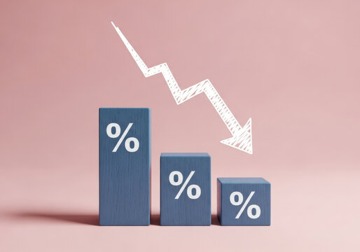 Downtrend market chart represented by blue wooden blocks with percentage sign symbols and white hand drawn arrow pointing down on pink background.