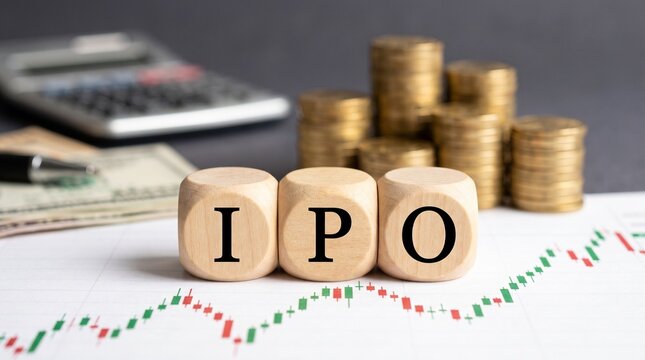 IPO initial public offering concept with wooden cubes, coins stacks, calculator and financial chart on table