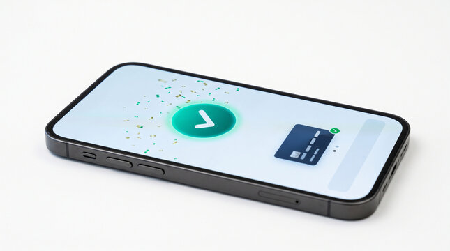 Modern smartphone displaying a successful payment confirmation with a credit card icon and checkmark