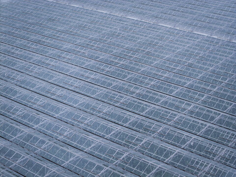 Aerial view of a large glass greenhouse roof with metal frames and ventilation panels in Poland.