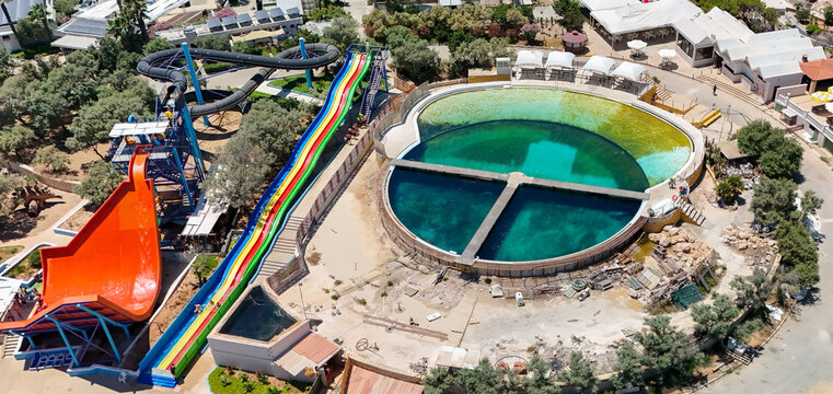 Bahar ic-Caghaq, Naxxar, Malta - 08 July 2026: Aerial view of Mediterraneo Marine Park slides and pools in Malta in summer