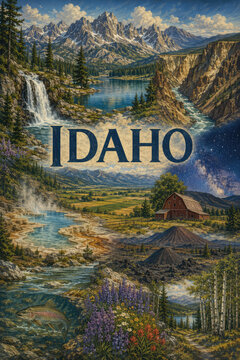 Idaho vintage travel poster with mountain wilderness, lakes and western landscape