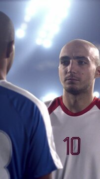 Two Soccer Players in Tense Face-to-Face Confrontation