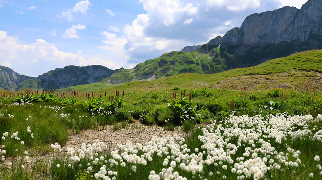 View of Cornettes de Bise mountain range above a lush alpine meadow with white wildflowers and dry cracked earth under a blue sky in La Chapelle-d'Abondance, Auvergne-Rhone-Alpes, France.
