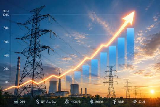Energy price increase chart over power grid and power plant, electricity market crisis concept