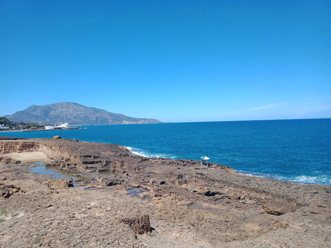 Panoramic view of the Mediterranean coastline and Mount Chenoua in Tipaza, Algeria