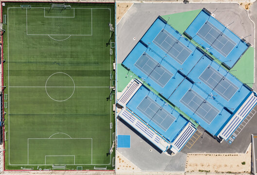 Pembroke, Malta - 08 July 2026: Aerial view of Melita Football Club sports complex.