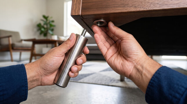 Man assembling metal leg to wooden furniture in modern living room