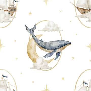 Whale seamless watercolor pattern with sailing ship isolated on background. Ocean baby repeat with crescent moon and sailboat in the clouds for fabric, wallpaper, nursery textiles and wrapping paper.