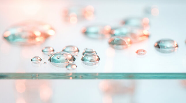 Pastel macro of clustered serum droplets on glass with soft glow