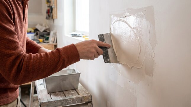 Trainee applies joint compound during drywall skills training