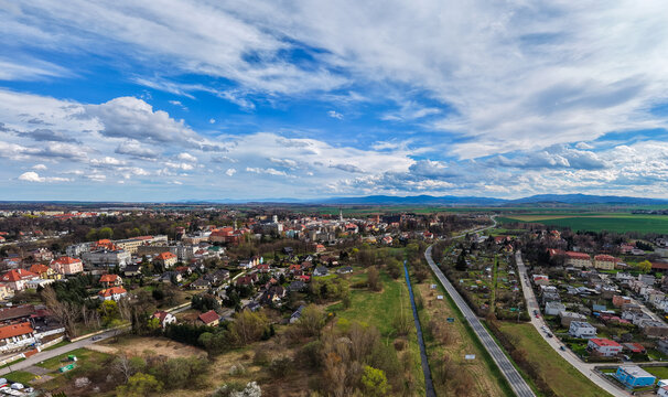 Aerial view of Zabkowice Slaskie townscape with historic buildings, houses, and road under blue sky Zabkowice Slaskie, Lower Silesian Voivod, Poland.
