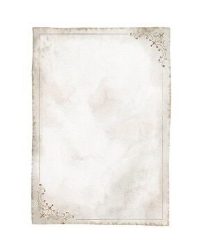 Vintage watercolor paper frame with lace border on isolated background. illustration of antique stationery template with delicate ornamental edges and soft texture for invitations, letters.