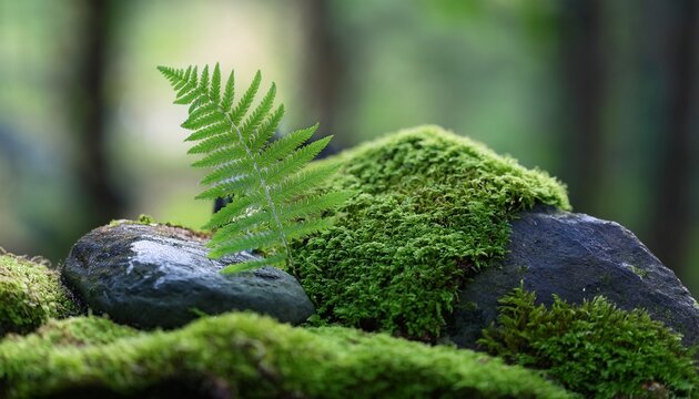 Lush Green Ferns Mossy Rocks Create Miniature Landscape