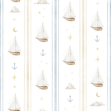 Striped sailing Ship seamless watercolor pattern isolated on background. Nautical repeat with sailboats in pastel colors for fabric, nursery wallpaper and wrapping paper. Baby backdrop for linen.