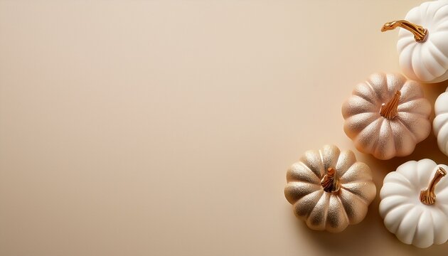 Three Artificial Alabaster Pumpkins Lie In The Upper Corner Of A Beige Background For Copy Space