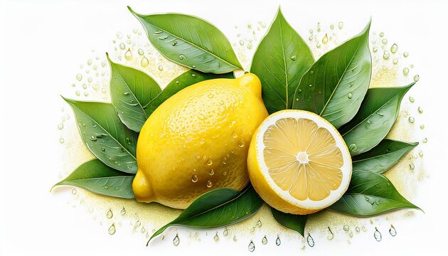 Lemon With Leaves And Slice Bright Yellow Fruit Green Foliage Scattered Droplets Fresh Zesty And Cheerful Perfect For Healthy Food Summer Or Drink Branding