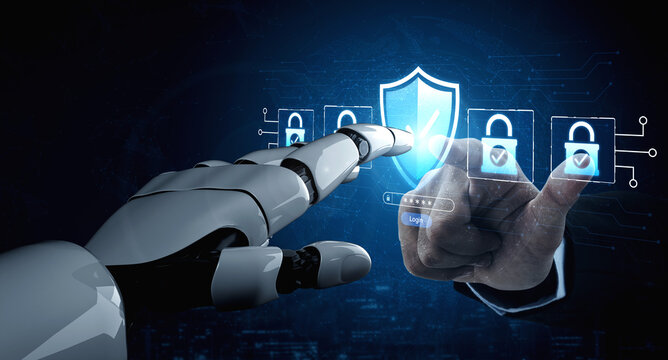 Robot Hand Interacting with Cybersecurity Interface and Digital Shield Concept for Data Protection in Technology and Innovation. Bitwise.