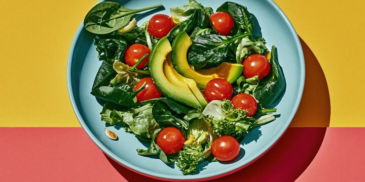 Fresh vegan salad with avocado and cherry tomatoes on a vibrant pink and yellow background for healthy eating and plant-based lifestyle content