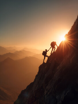 An inspiring silhouette of two climbers helping each other ascend a steep mountain peak against a beautiful warm sunset, symbolizing teamwork, strength, success, and overcoming challenges
