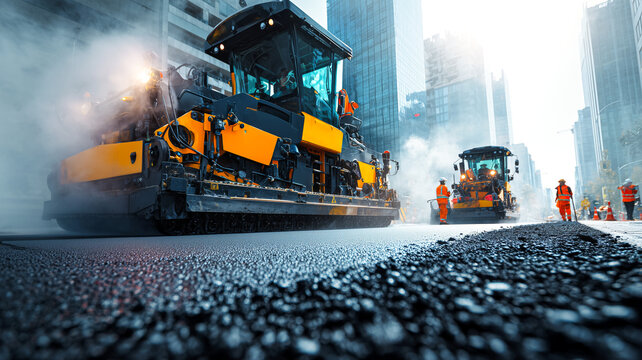 Heavy asphalt paver machine laying fresh steaming black tarmac on a city street with workers in high visibility uniforms against a background of modern glass skyscrapers