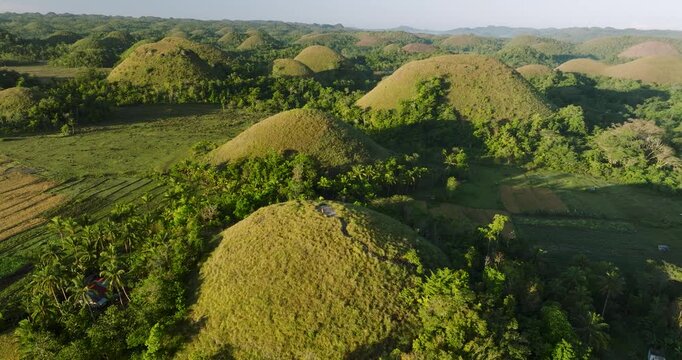 Aerial view of the iconic Chocolate Hills with lush green vegetation and rolling landscape in Batuan, Central Visayas, Philippines.
