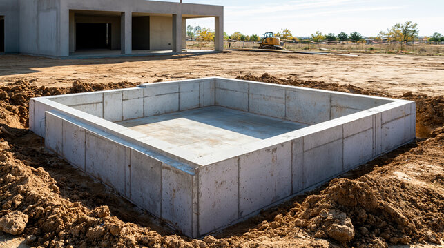 A solid concrete foundation structure built into the ground on a residential house construction site, surrounded by excavated dirt with an unfinished building in the background