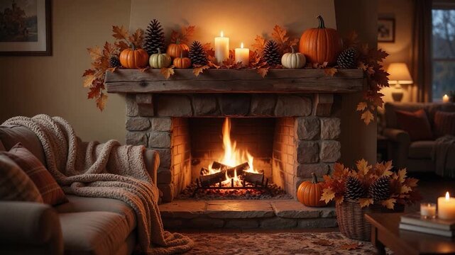 Cozy living room fireplace with autumn pumpkin and candle decorations creating a warm, comfortable and festive atmosphere