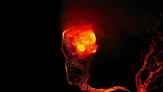 Aerial view of the glowing lava eruption of Fagradalsfjall Volcano at night with molten rock and dark smoke in Grindavik, Grindavikurbaer, Iceland.