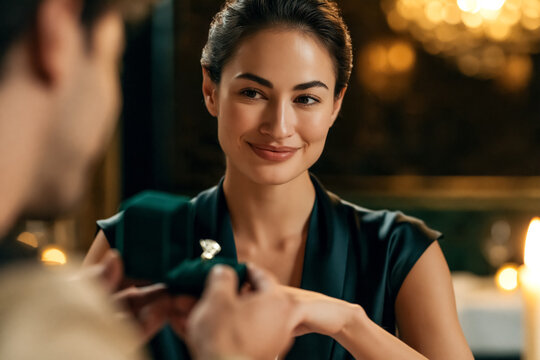 Man proposing marriage to his beautiful smiling girlfriend by putting a diamond ring on her finger during a romantic candlelight dinner in a luxury restaurant