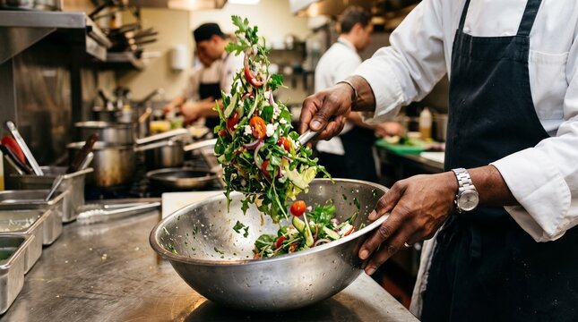 Chef preparing fresh salad in a busy restaurant kitchen