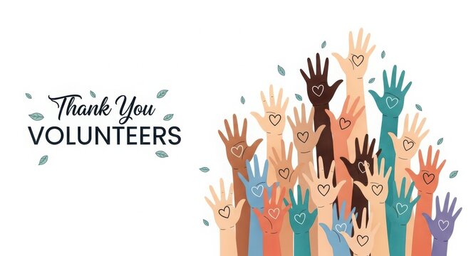 Thank you volunteers, many diverse hands raised with hearts isolated on white background