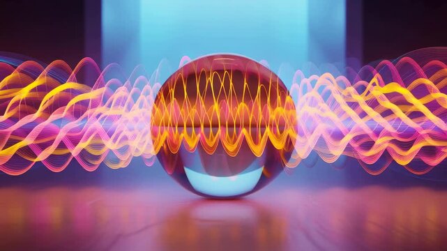 Abstract glass sphere with glowing neon light waves 4k video