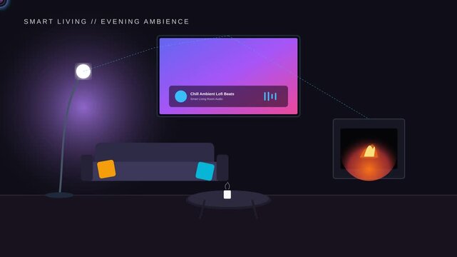 Smart Living Evening Ambience with Animated Lounge Room Lighting and Atmospheric Ambient Music Beat