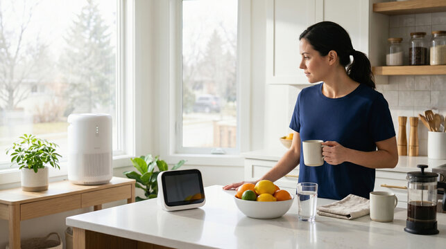 Morning Allergy Check in the Kitchen With Air Purifier and Sensor
