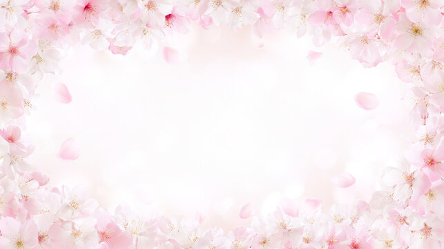 満開の桜と舞う花びらで囲んだ春の背景フレーム
