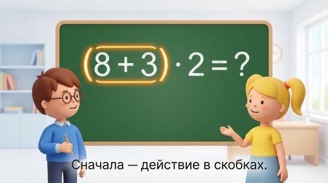 2D illustration of children learning mathematics with chalkboard in classroom setting