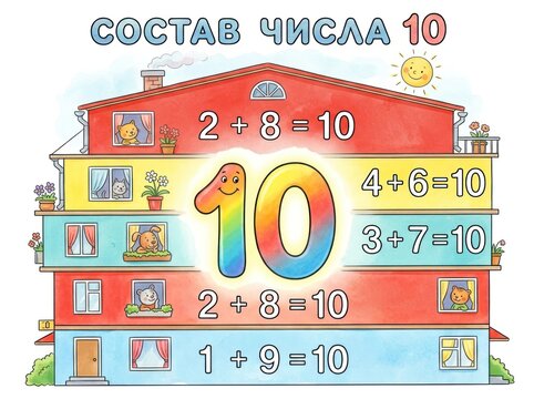 Colorful illustration of a house showing math equations for number ten, suitable for 2nd grade textbook